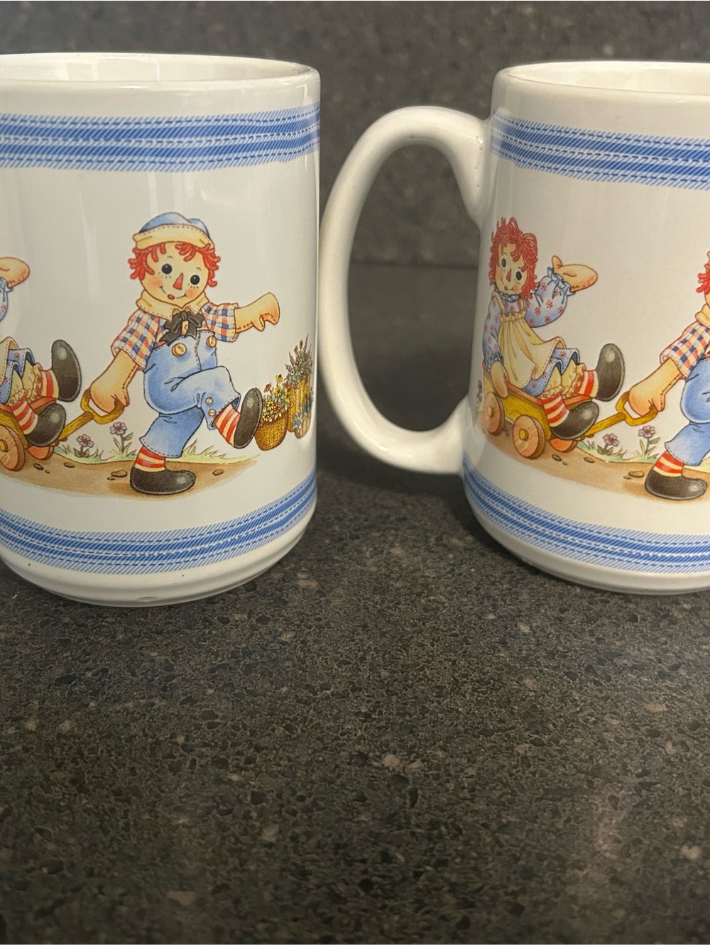 Classic Raggedy Ann & Andy Kids Ceramic Mug Set - White with Blue Trim